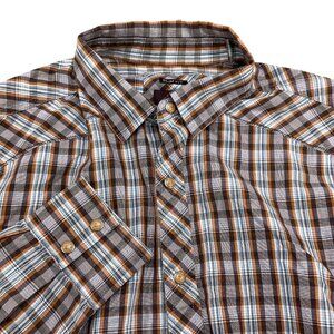 Prana Shirt Men Medium‎ Orange Brown Plaid Slim Fit Western Cowboy Snap Cotton